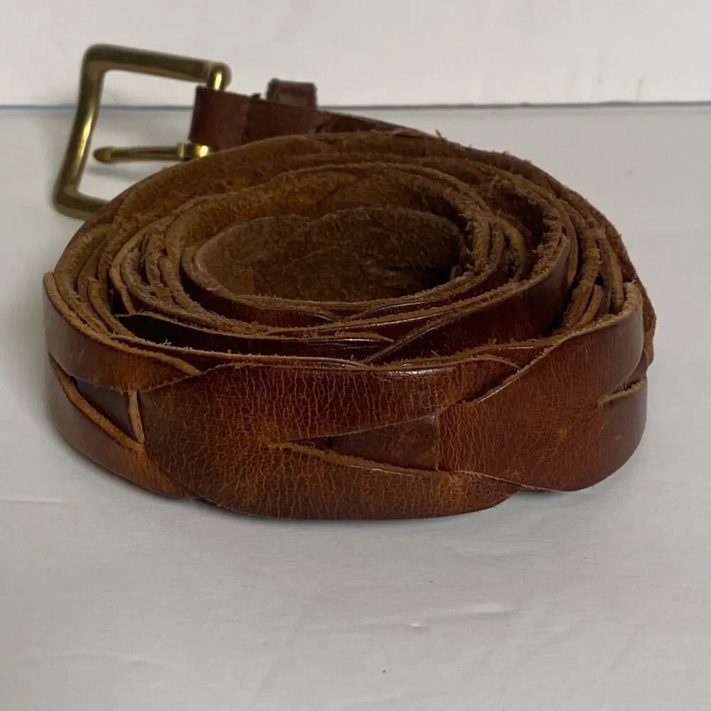 Eddie Bauer Brown Leather Interlocking Belt Solid Brass Buckle Size 42 Vintage